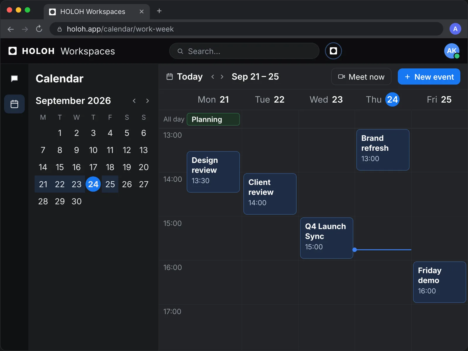 The HOLOH calendar, week view, with the Design review event open